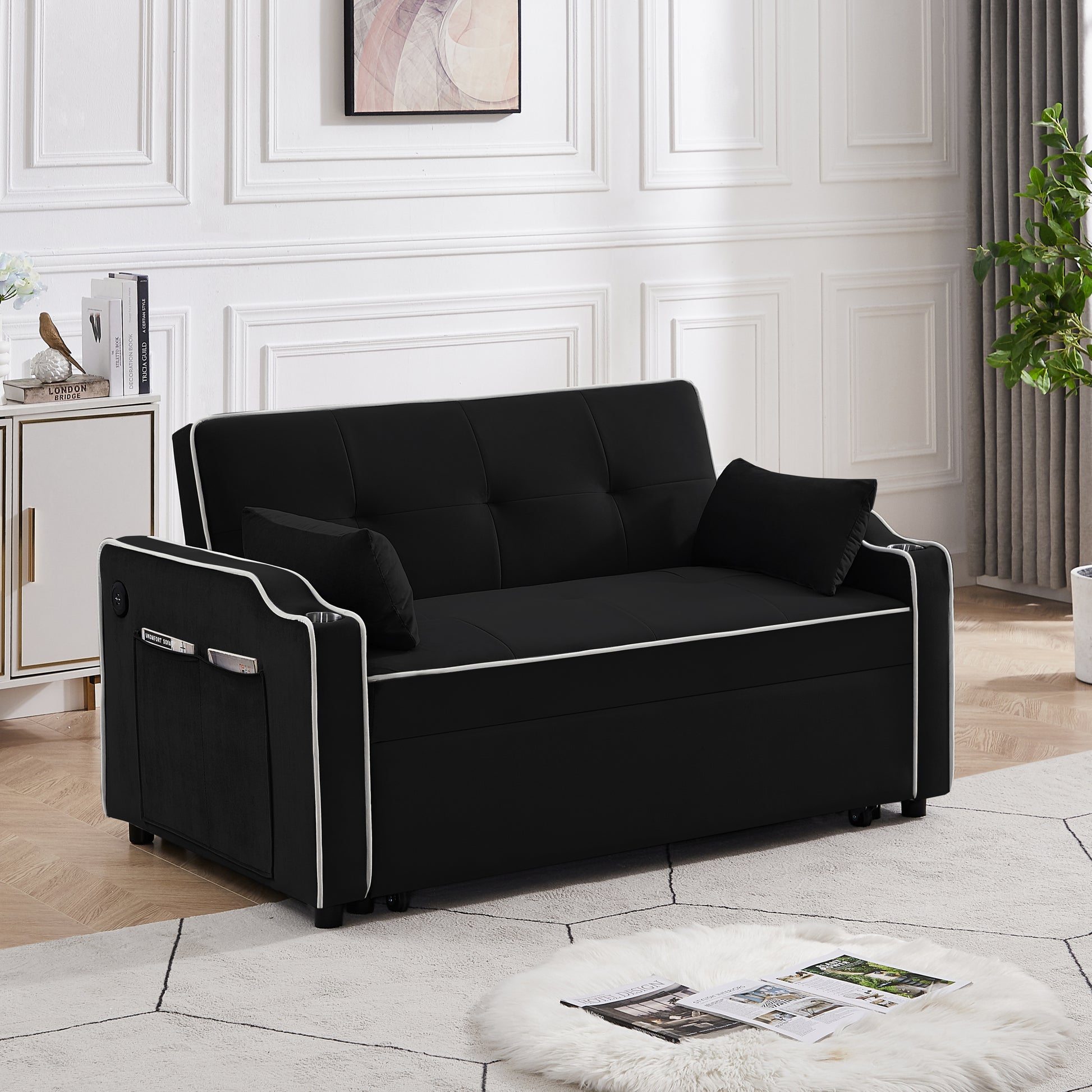 Sofa Bed, 3 In 1 Convertible Sofa Chair Bed, Adjustable Backrest Chair, Chaise Lounge With Usb Ports, Cup Holder, Side Pocket,Black Black Velvet