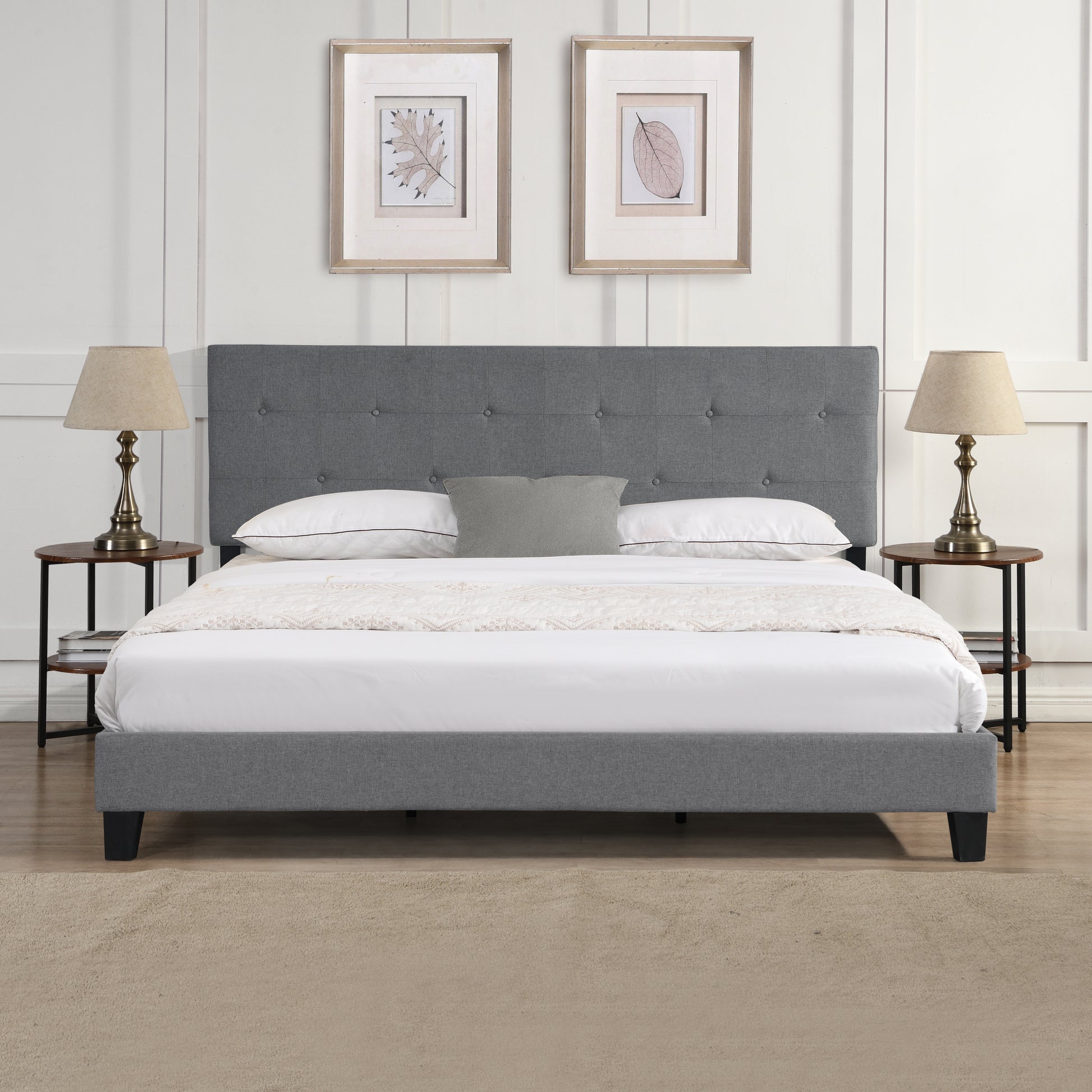 King Size Upholstered Platform Bed Frame With Button Tufted Linen Fabric Headboard, No Box Spring Needed, Wood Slat Support, Easy Assembly, Gray Grey Fabric