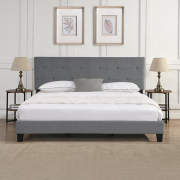 King Size Upholstered Platform Bed Frame With Button Tufted Linen Fabric Headboard, No Box Spring Needed, Wood Slat Support, Easy Assembly, Gray Grey Fabric