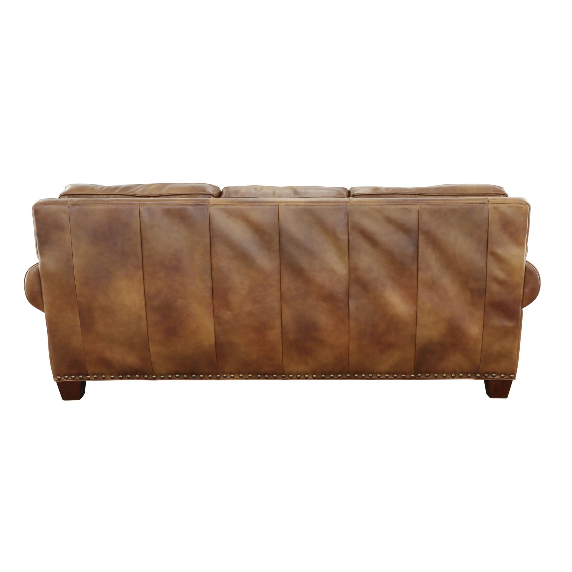 Rustic Styled Leather Sofa Premium Construction, Top Grain Leather Eight Way Hand Tied Springs, Nail Head Trim, Contrasting Pillows Tan Foam Leather 3 Seat