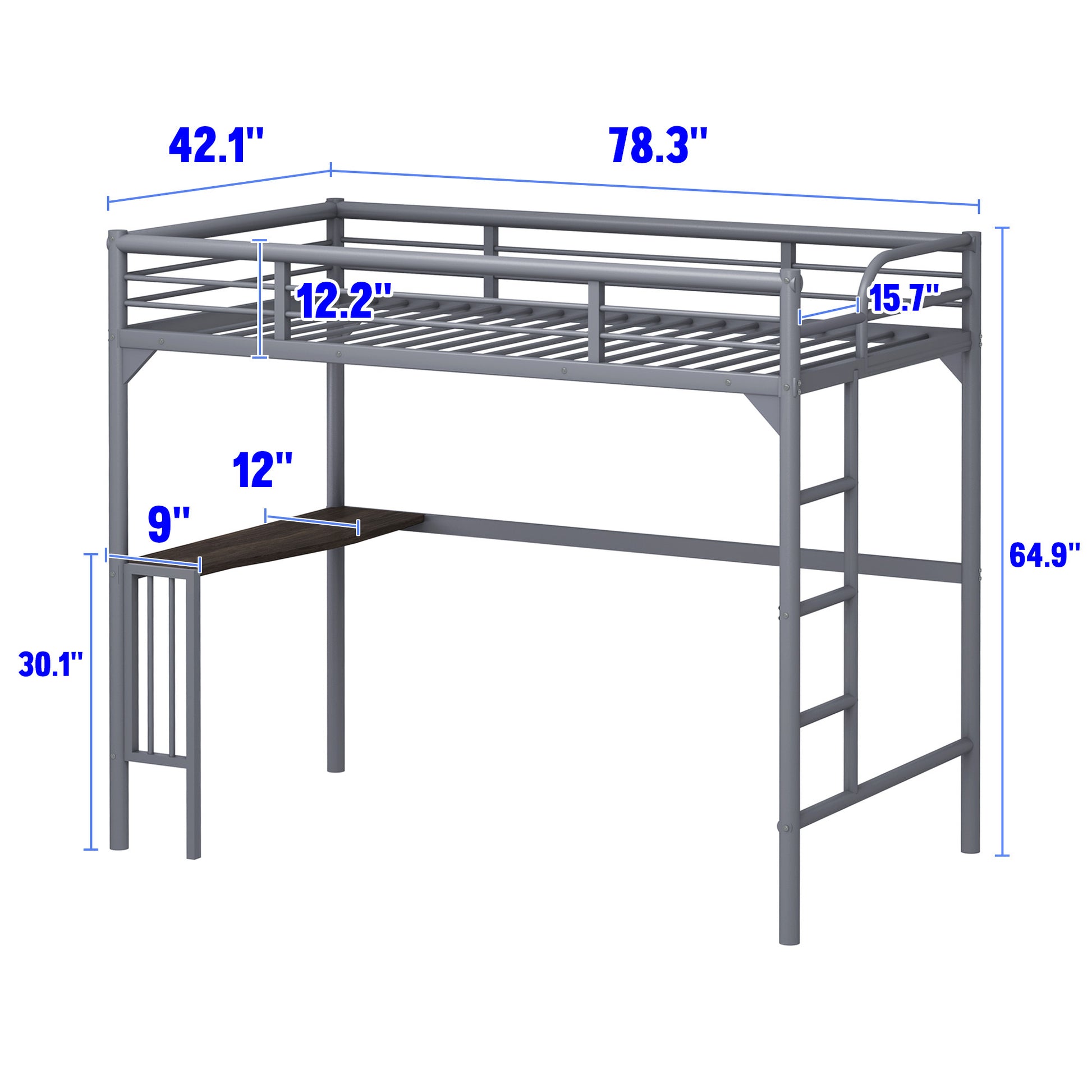 Twin Metal Loft Bed With Desk, Ladder And Guardrails, Bookdesk Under Bed, Silver Silver Metal