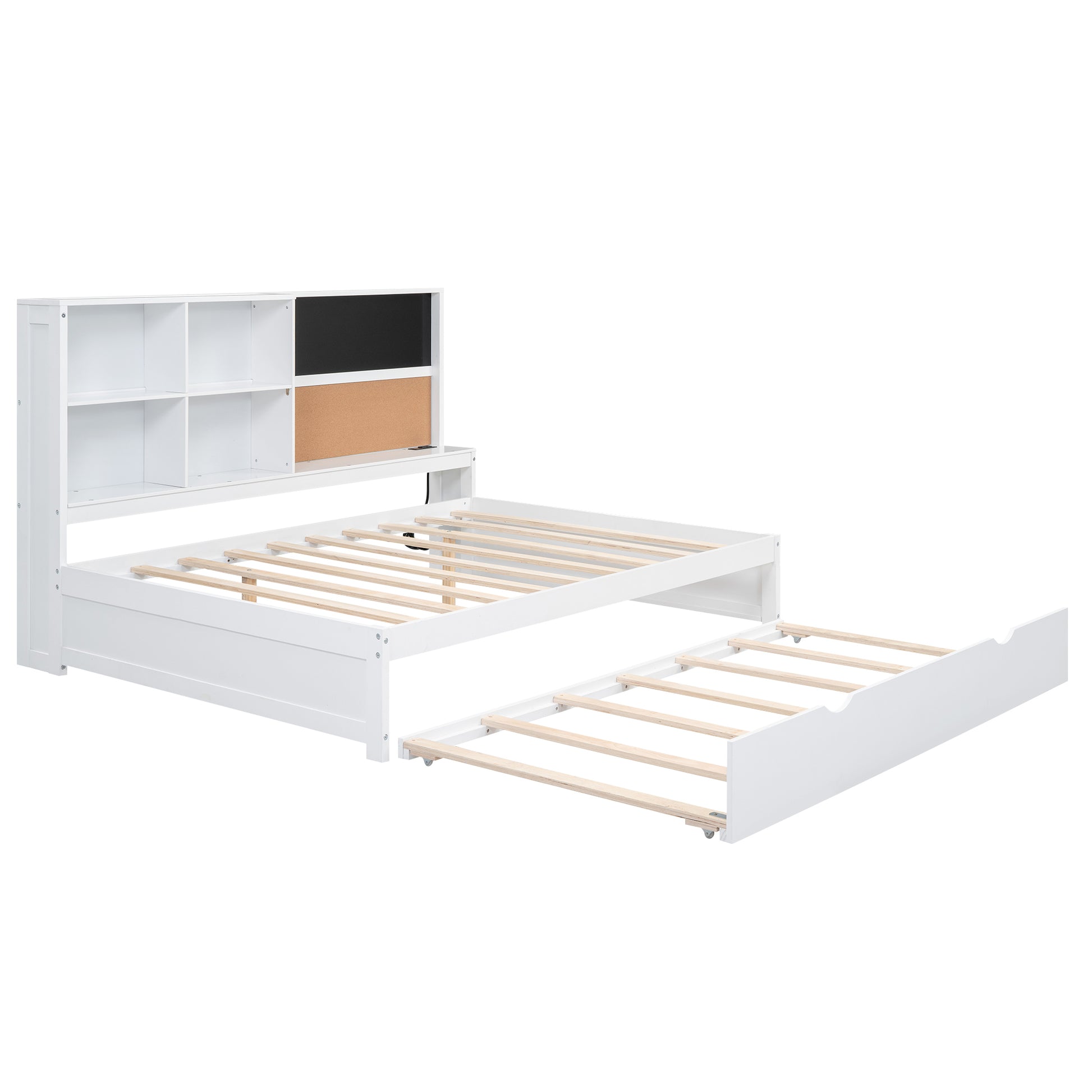 Full Size Daybed With Storage Shelves, Blackboard, Cork Board, Usb Ports And Twin Size Trundle, White Box Spring Not Required Full White Wood Pine Daybeds Solid Wood Mdf