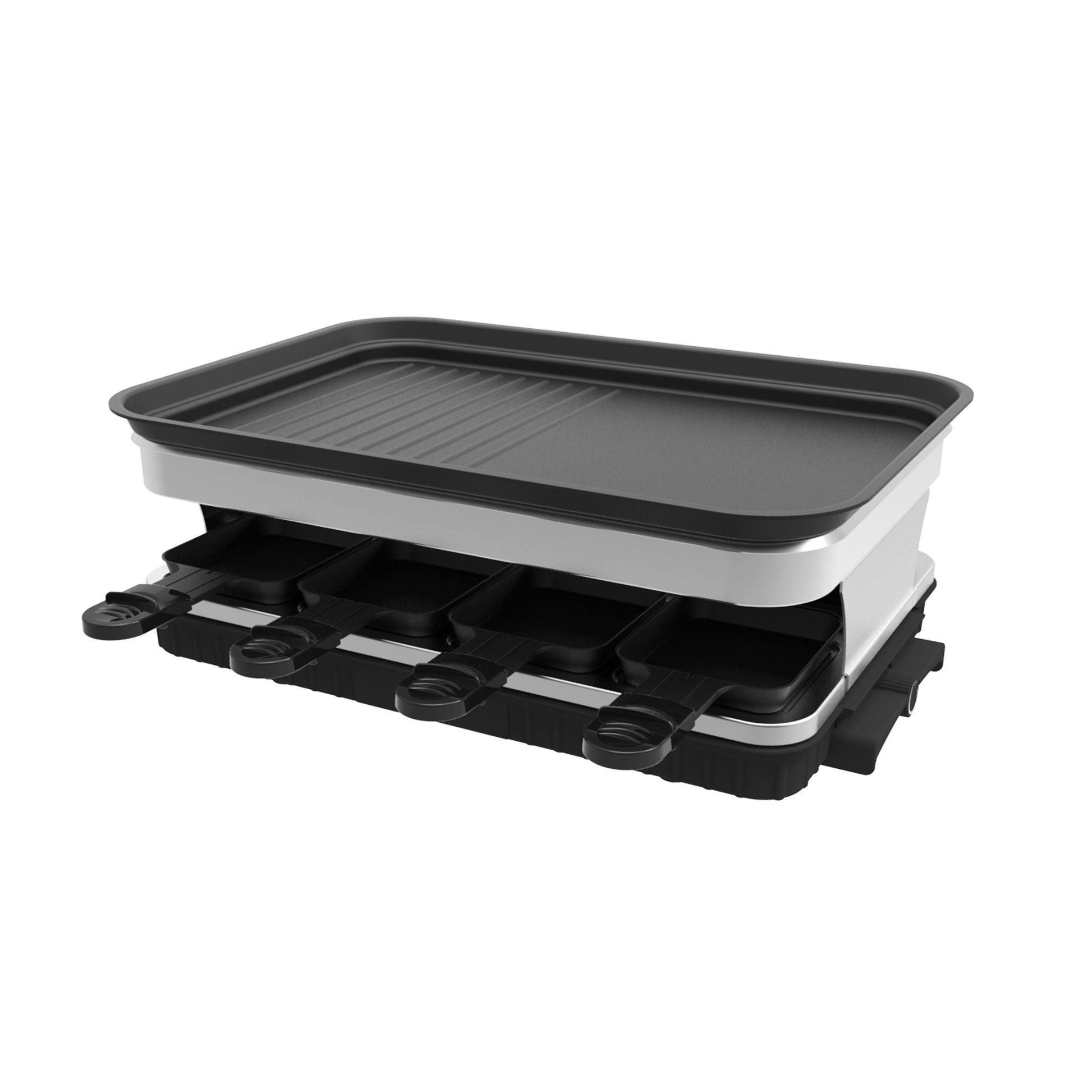 Raclette Grill 8 People Grill Plate Non Stick Coated, Raclette With 8 Mini Raclette Pans, Infinitely Adjustable Temperature, 1500W Black Iron Plastic