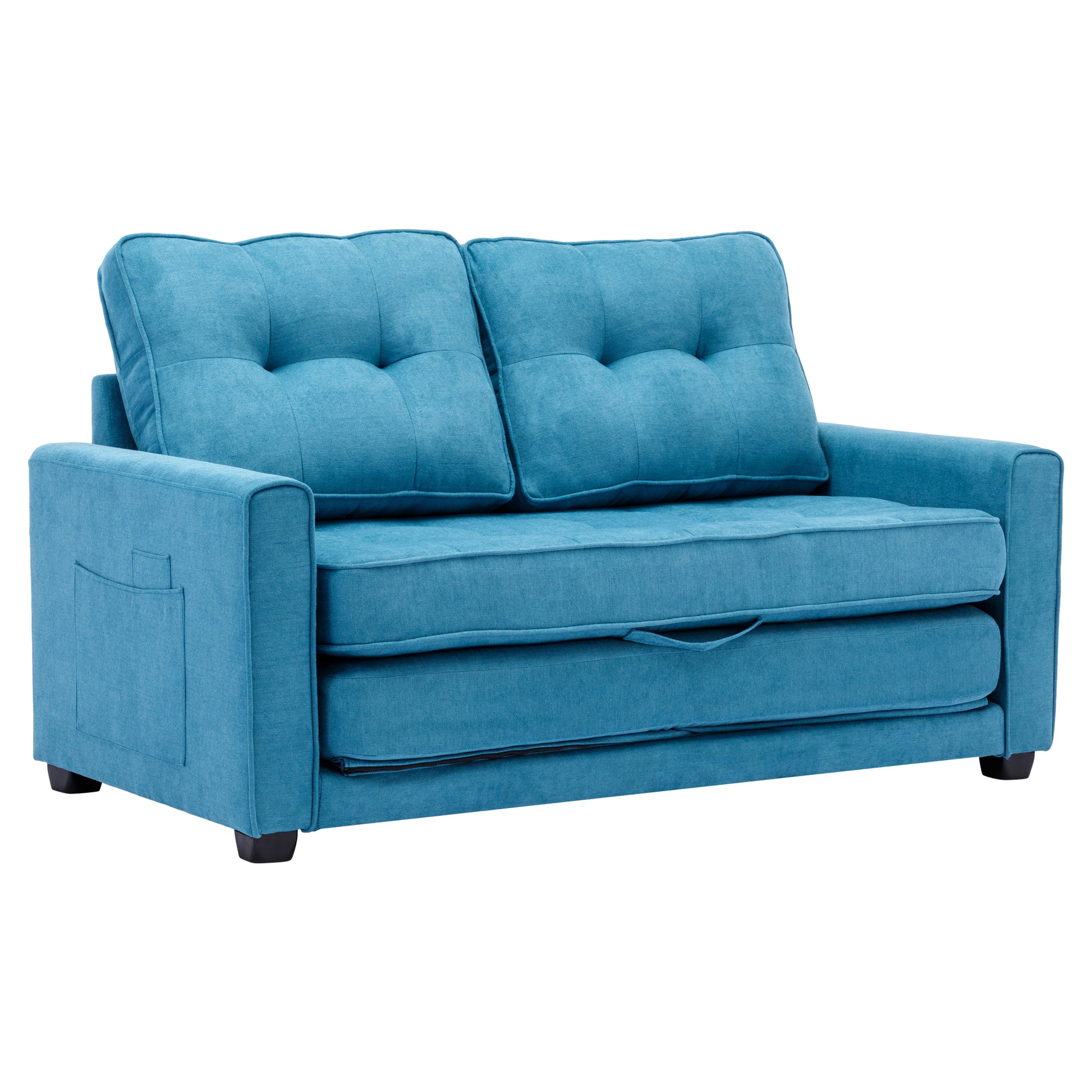 59.4" Loveseat Sofa With Pull Out Bed Modern Upholstered Couch With Side Pocket For Living Room Office, Blue Blue Chenille