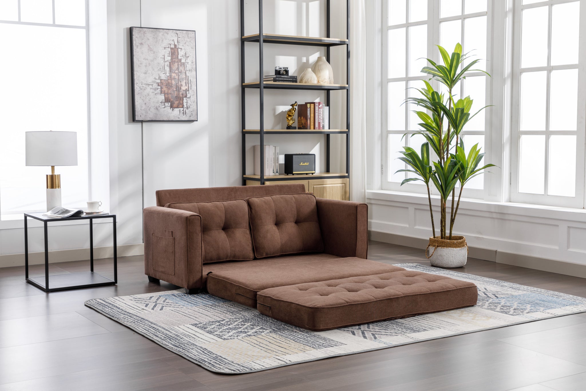 59.4" Loveseat Sofa With Pull Out Bed Modern Upholstered Couch With Side Pocket For Living Room Office, Brown Brown Chenille