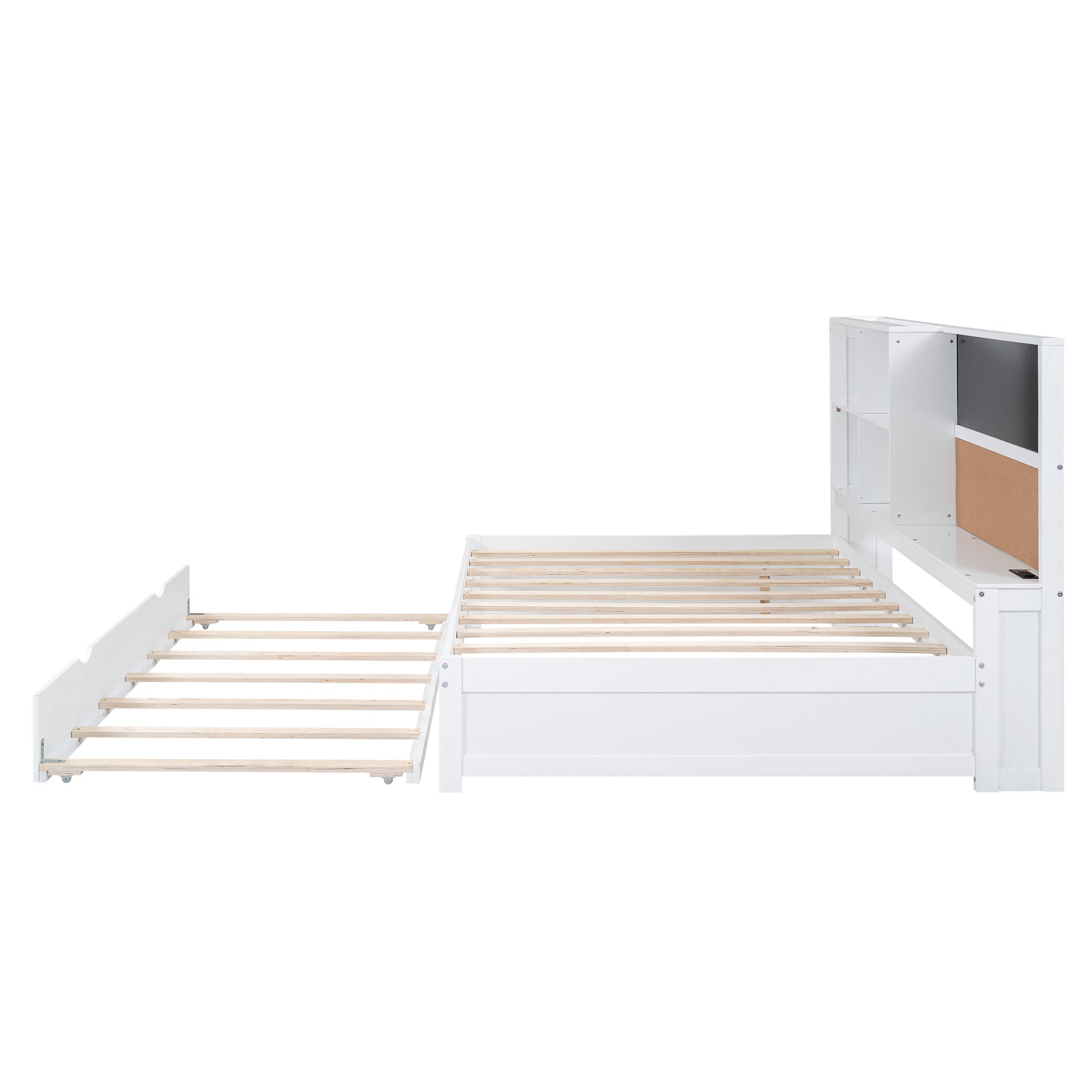 Full Size Daybed With Storage Shelves, Blackboard, Cork Board, Usb Ports And Twin Size Trundle, White Box Spring Not Required Full White Wood Pine Daybeds Solid Wood Mdf