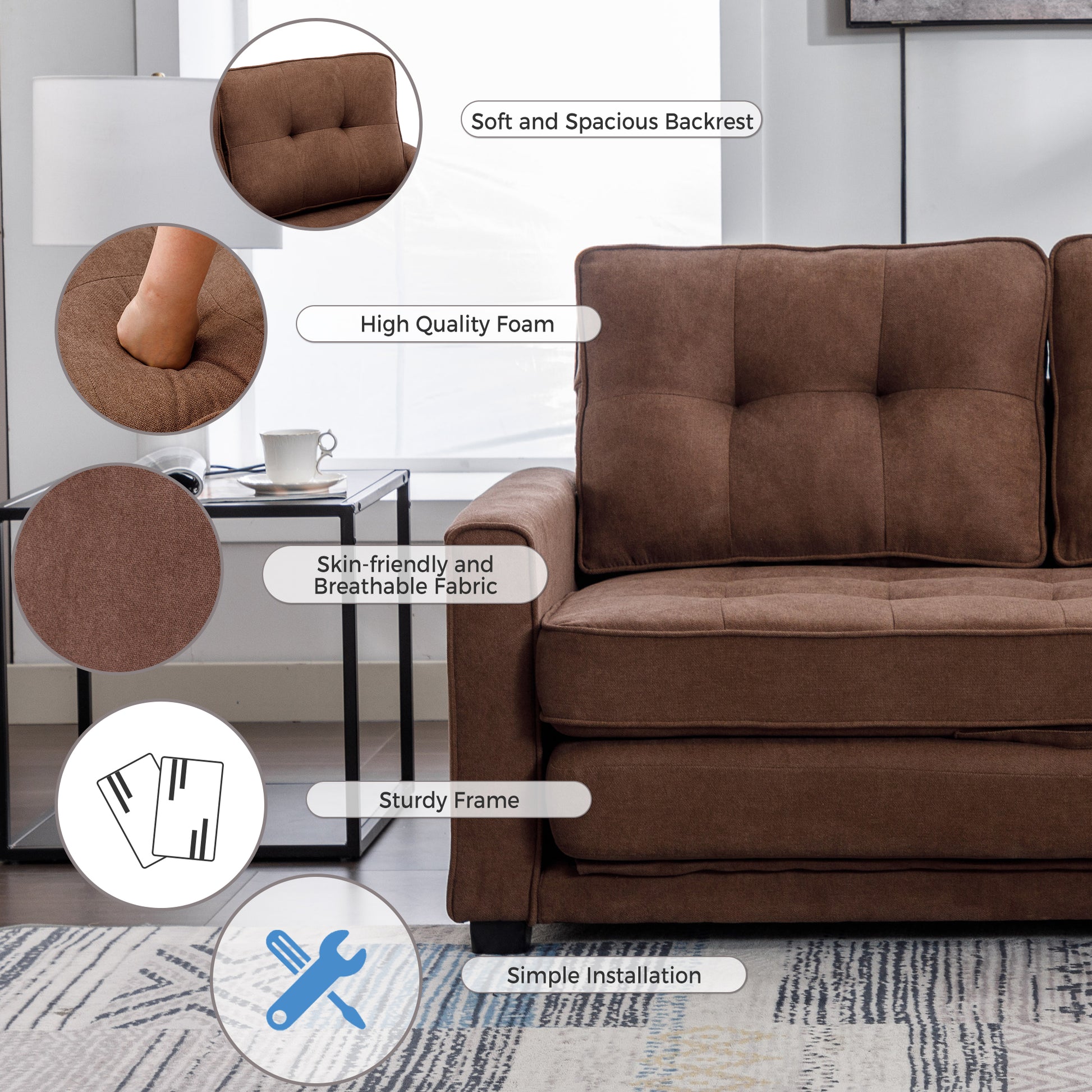 59.4" Loveseat Sofa With Pull Out Bed Modern Upholstered Couch With Side Pocket For Living Room Office, Brown Brown Chenille