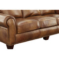 Rustic Styled Leather Sofa Premium Construction, Top Grain Leather Eight Way Hand Tied Springs, Nail Head Trim, Contrasting Pillows Tan Foam Leather 3 Seat