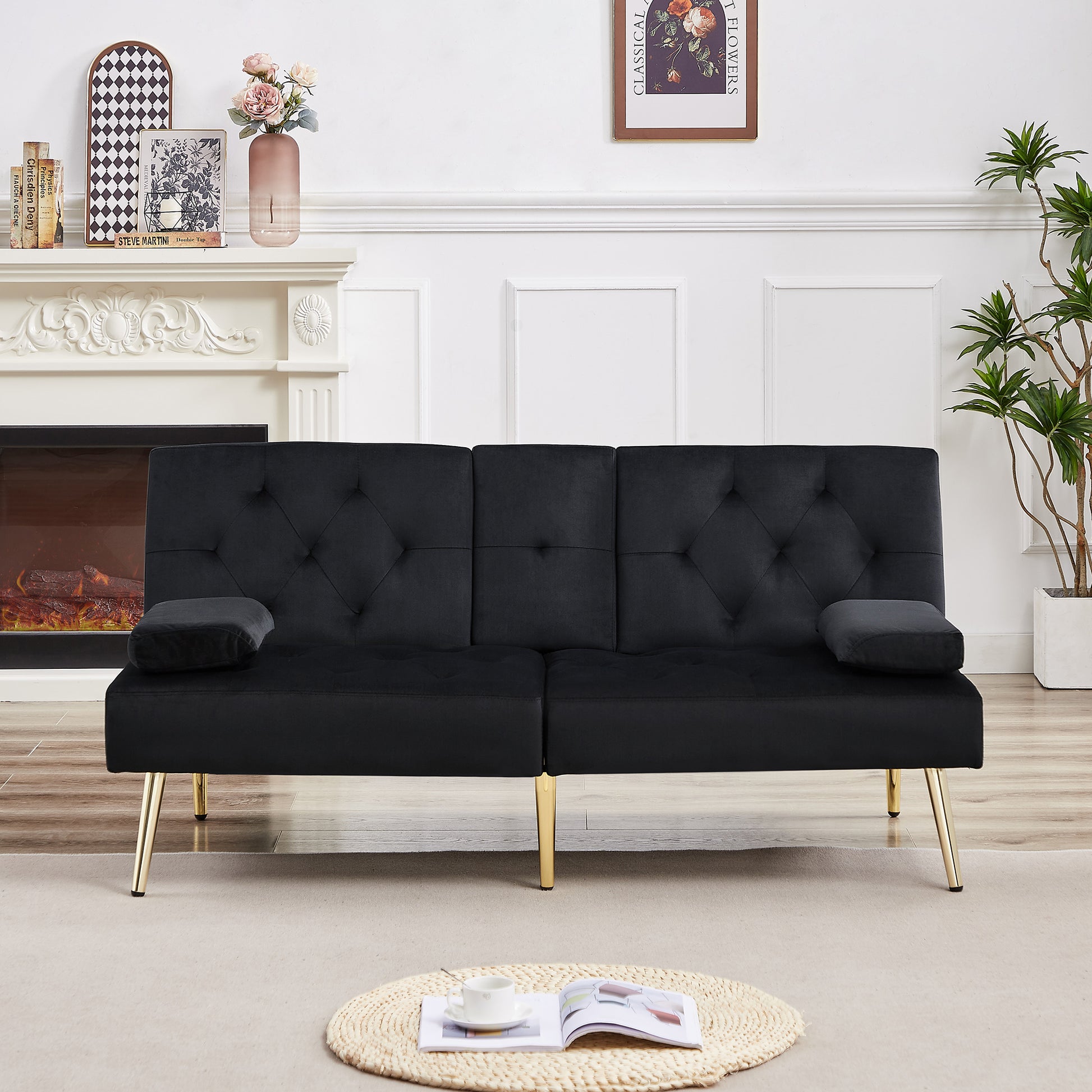 Black Velvet Sofa Bed Black Wood Tufted Back Armless Foam Velvet 2 Seat