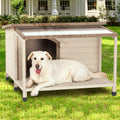 Outdoor Fir Wood Dog House With An Open Roof Ideal For Medium To Large Dogs. Dog House With Large Terrace With Clear Roof.Weatherproof Asphalt Roof And Treated Wood. Cream Solid Wood