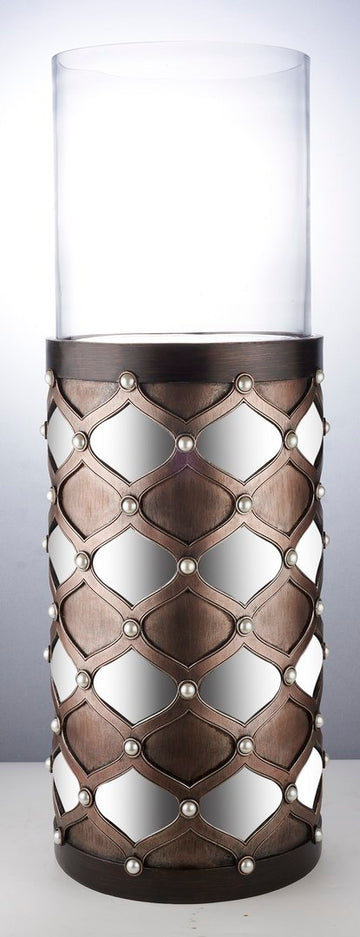 31" Tall Candleholder With Hurricane Glass, Arabesque Mirror Design Brown Polyresin