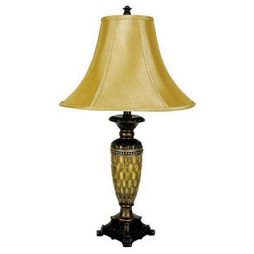 28" Tall Polyresin Table Lamp With Honey Finish, Gold Tone Linen Shade Multicolor Polyresin