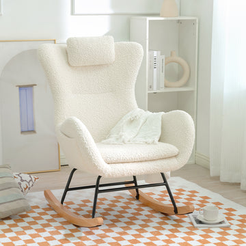 Rocking Chair Nursery, Teddy Upholstered Rocker Glider Chair With High Backrest, Adjustable Headrest & Pocket, Comfy Glider Chair For Nursery, Bedroom, Living Room, Offices, Rubber Wood, White White Polyester