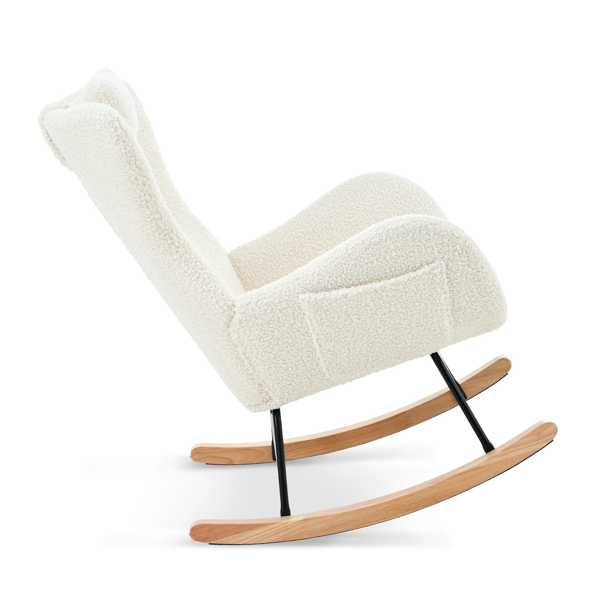 Rocking Chair Nursery, Teddy Upholstered Rocker Glider Chair With High Backrest, Adjustable Headrest & Pocket, Comfy Glider Chair For Nursery, Bedroom, Living Room, Offices, Rubber Wood, White White Polyester