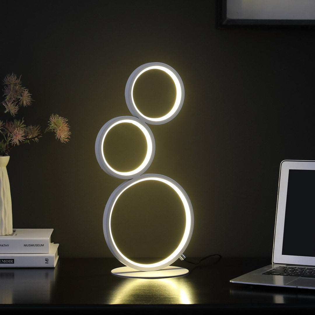 17" In 3 Ring Shaped Odu White Led Minimalist Metal Table Lamp White Metal