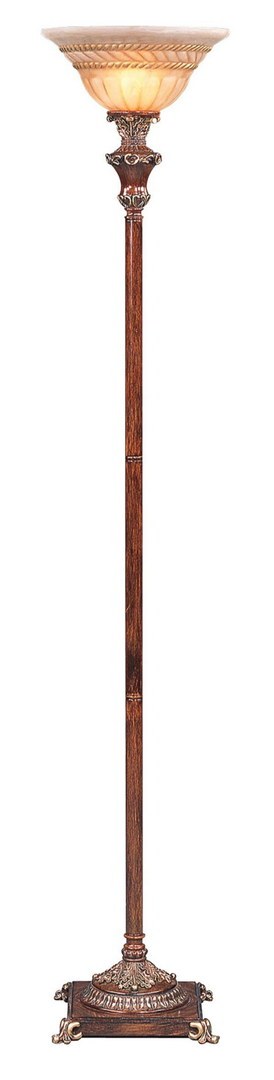 70" Tall Metal Torchiere Floor Lamp With Wooden Finish, Glass Shade Brown Metal