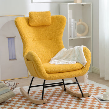 Rocking Chair Nursery, Teddy Upholstered Rocker Glider Chair With High Backrest, Adjustable Headrest & Pocket, Comfy Glider Chair For Nursery, Bedroom, Living Room, Offices, Rubber Wood, Yellow Yellow Polyester