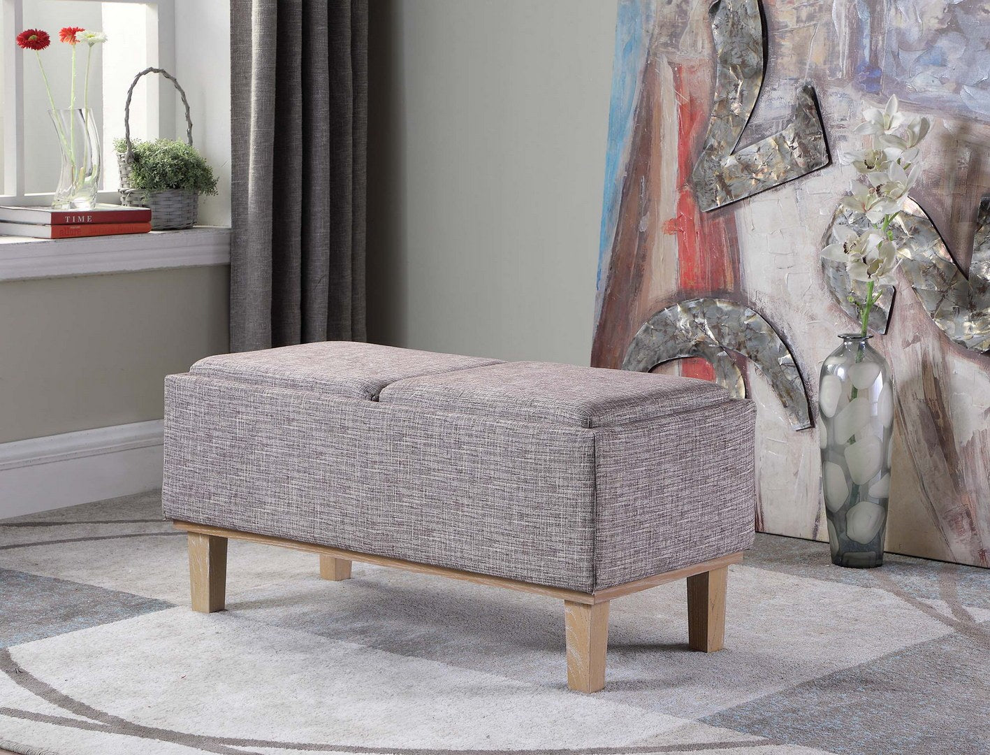 17" Tall Flip Storage Bench With Unfinished Legs, Grey Seat Grey Wood