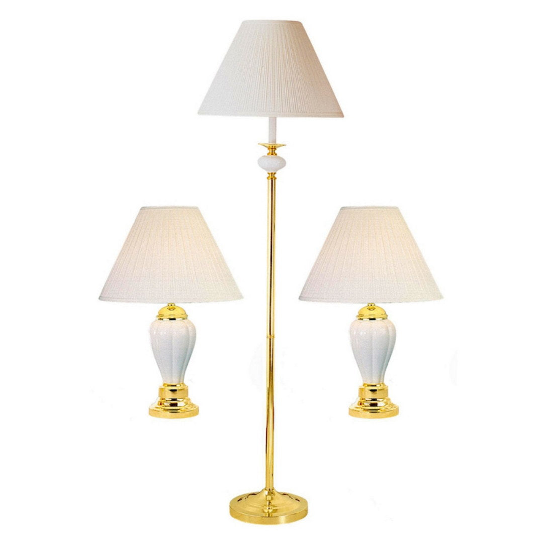 3 Piece Ceramic Lamp Set, Floor And Table Lamps, Ivory Finish Ivory Ceramic