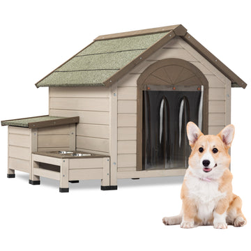 Outdoor Fir Wood Dog House With An Open Roof Ideal For Small To Medium Dogs. With Storage Box, Elevated Feeding Station With 2 Bowls. Weatherproof Asphalt Roof And Treated Wood. Cream Solid Wood