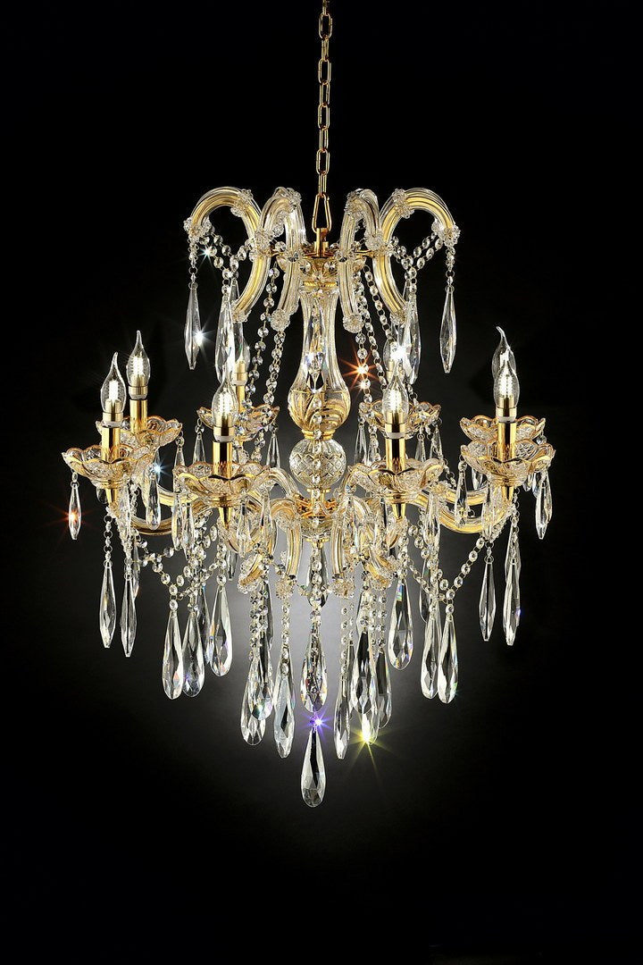 35" Tall" Luminere" 8 Led Light Chandelier With Crystals, Matte Gold And Crystal Multicolor Metal