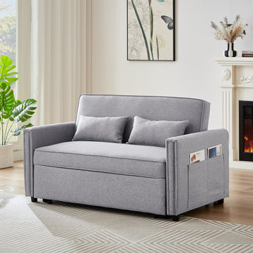 Modern Linen Convertible Loveseat Sleeper Sofa Couch With Adjustable Backrest, 2 Seater Sofa With Pull Out Bed With 2 Lumbar Pillows For Small Living Room & Apartment Grey Polyester