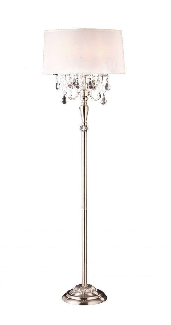 62" Tall Metal Floor Lamp W Silver Finish And Crystal Accents, White Shade Silver Metal