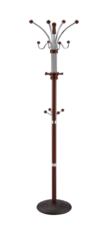 73" Tall Chrome And Wood Coat Rack, Cherry Finish Cherry Wood