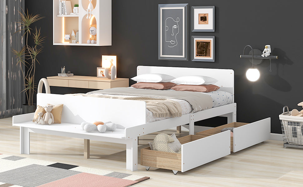 Full Bed With Footboard Bench,2 Drawers,White Full White Wood Bedroom American Design Pine Pine