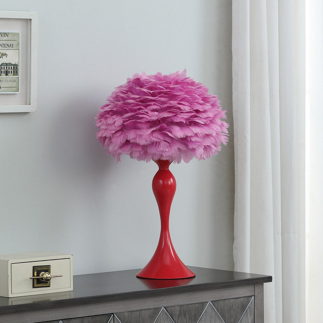 18.25"In Medium Pink Feather Aquina Glaze Red Metal Contour Glam Table Lamp Multicolor Metal