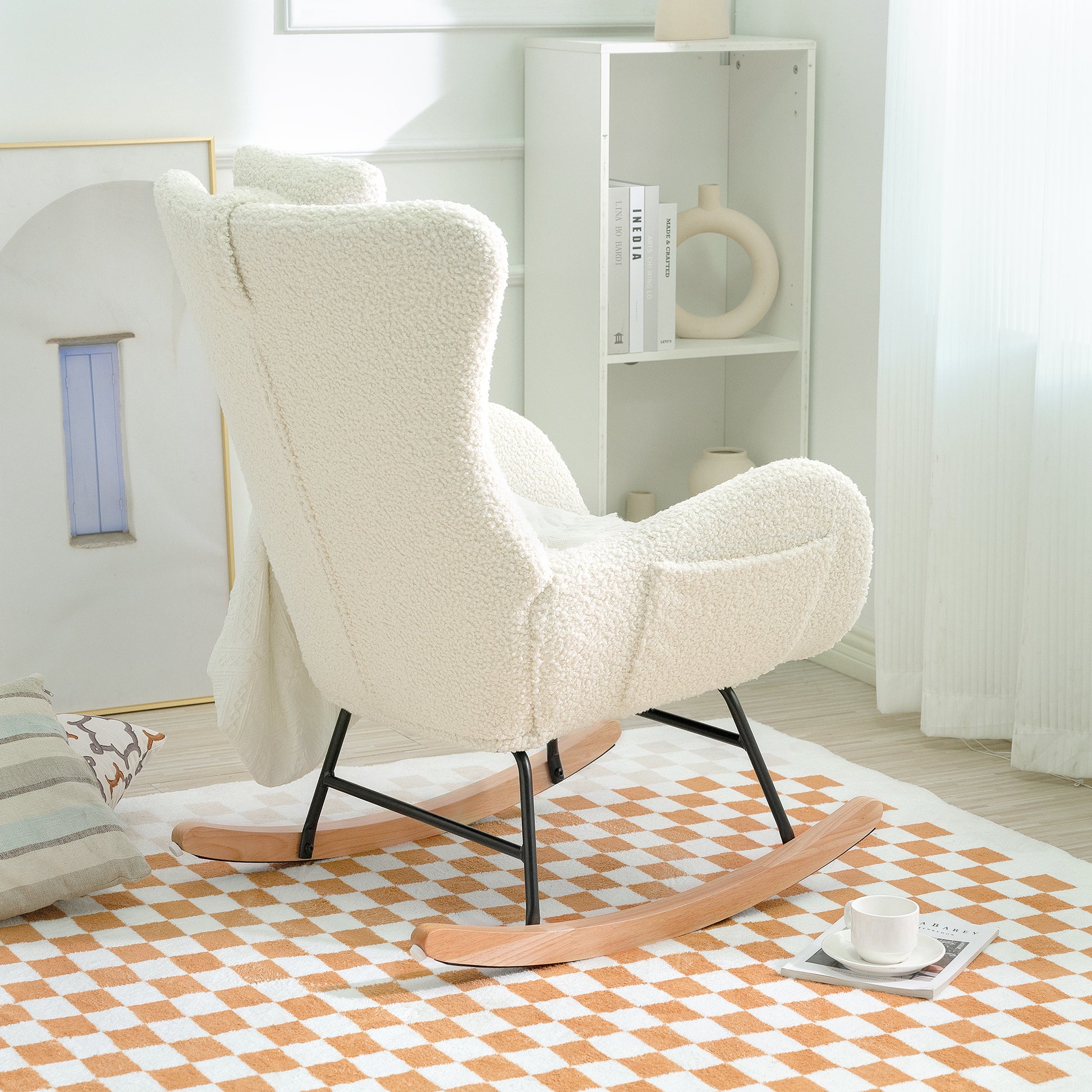 Rocking Chair Nursery, Teddy Upholstered Rocker Glider Chair With High Backrest, Adjustable Headrest & Pocket, Comfy Glider Chair For Nursery, Bedroom, Living Room, Offices, Rubber Wood, White White Polyester