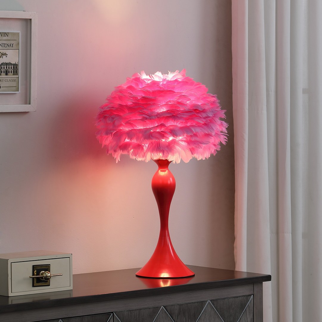 18.25"In Medium Pink Feather Aquina Glaze Red Metal Contour Glam Table Lamp Multicolor Metal