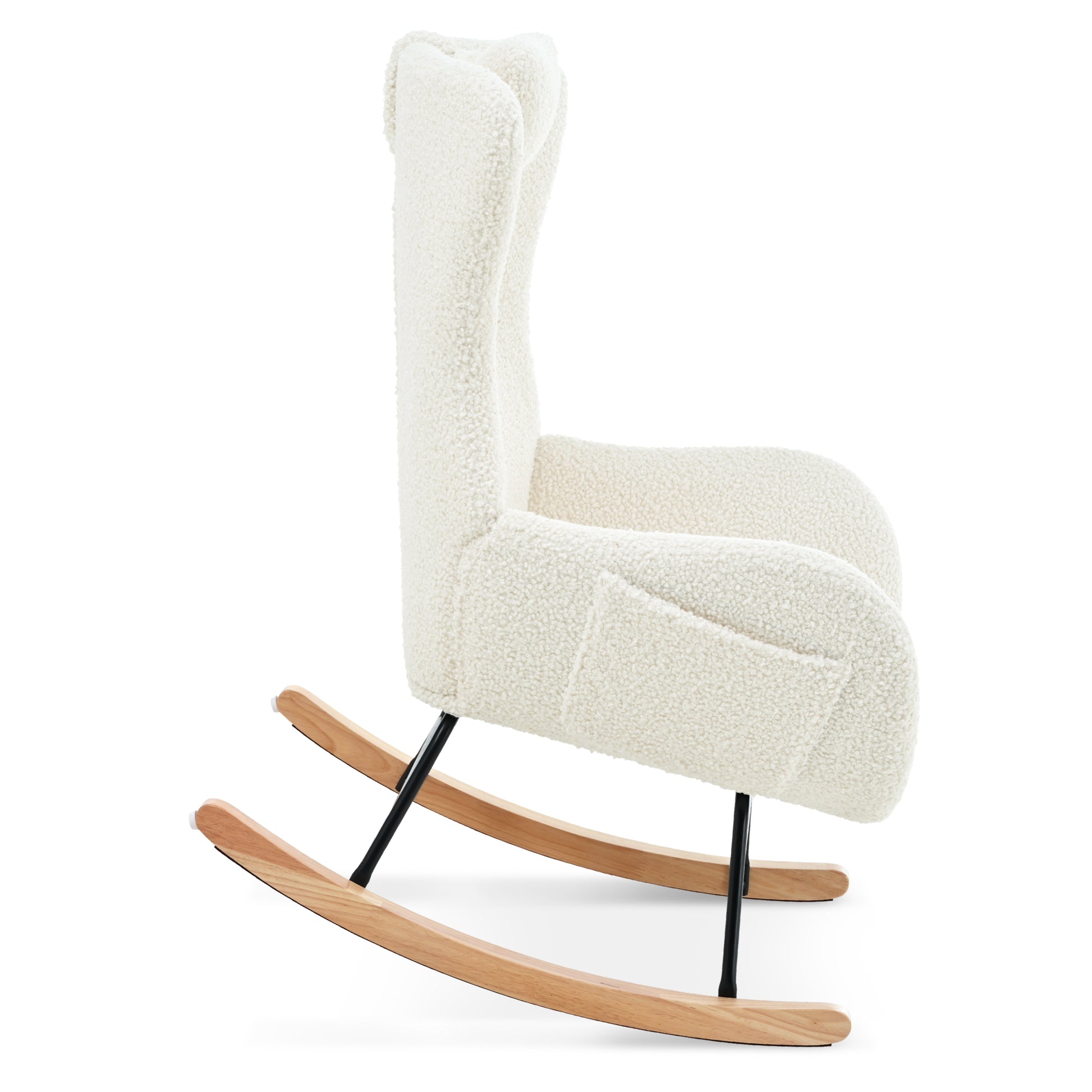 Rocking Chair Nursery, Teddy Upholstered Rocker Glider Chair With High Backrest, Adjustable Headrest & Pocket, Comfy Glider Chair For Nursery, Bedroom, Living Room, Offices, Rubber Wood, White White Polyester