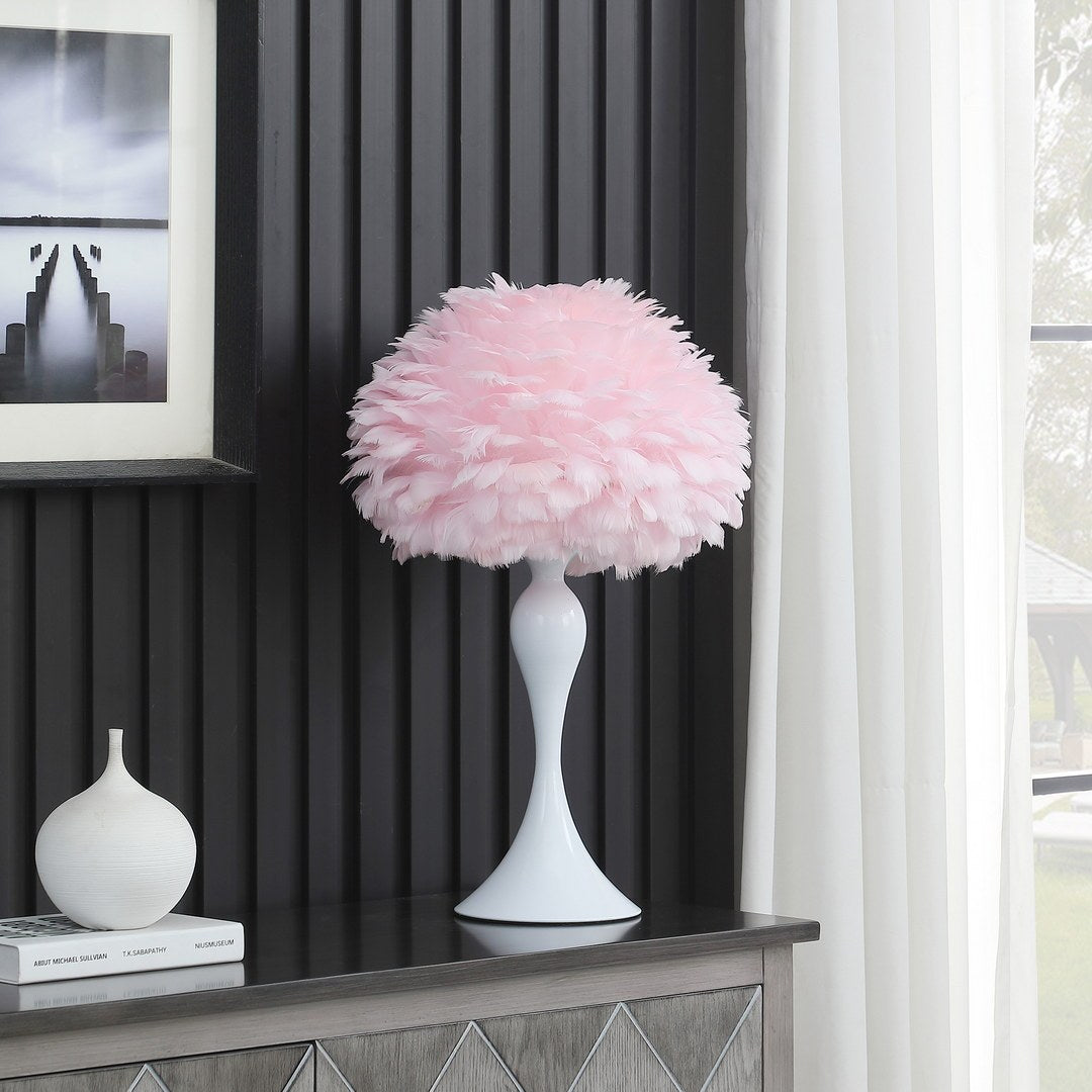 18.25"In Soft Pink Feather Aquina Crisp White Contour Glam Table Lamp Multicolor Metal