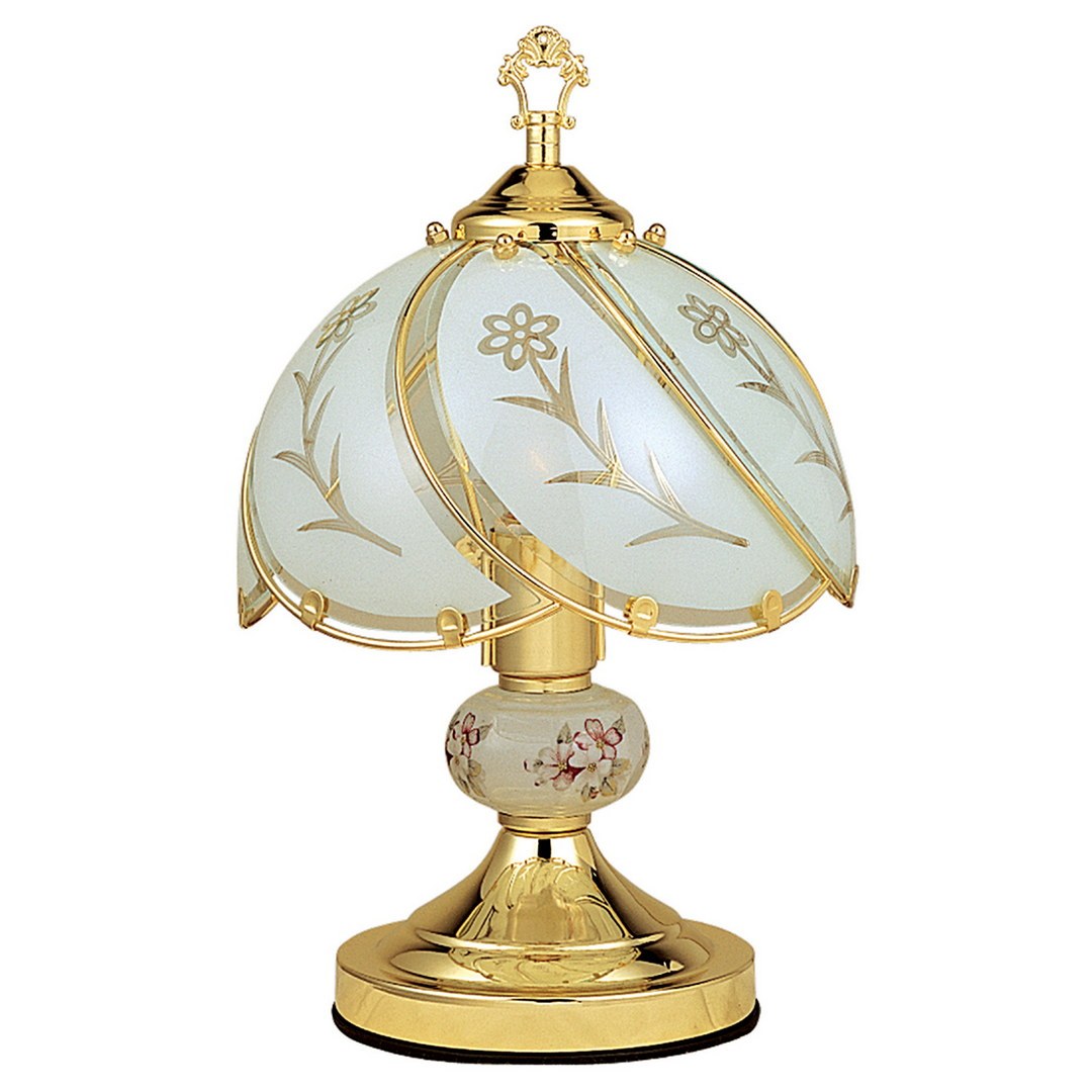 14.25" Tall Touch Table Lamp, Brushed Gold Finish, Floral Patterned Glass Shade Gold Metal