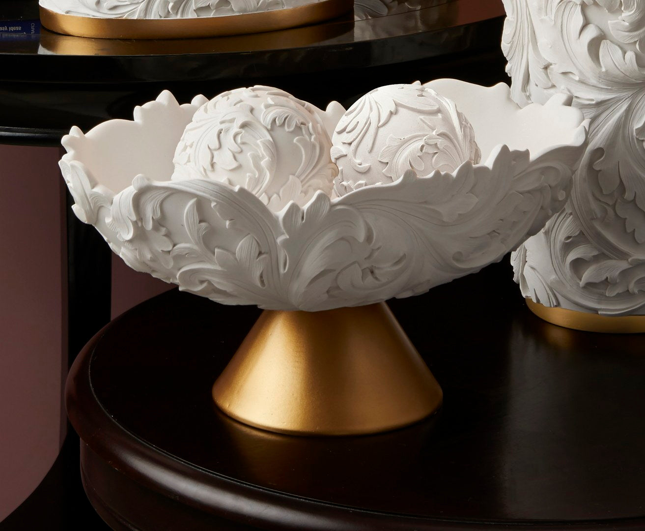 8.75" Alba White Gold Baroque Scroll Bowl W Spheres Gold Polyresin