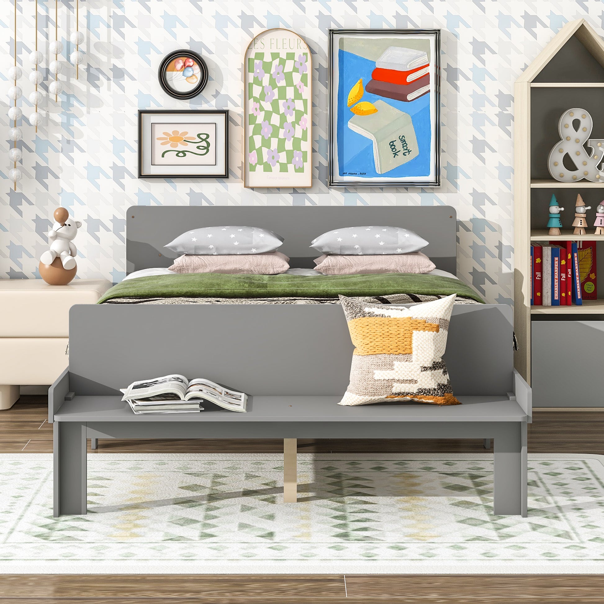 Full Bed With Footboard Bench,Grey Full Grey Wood Bedroom American Design Pine Pine