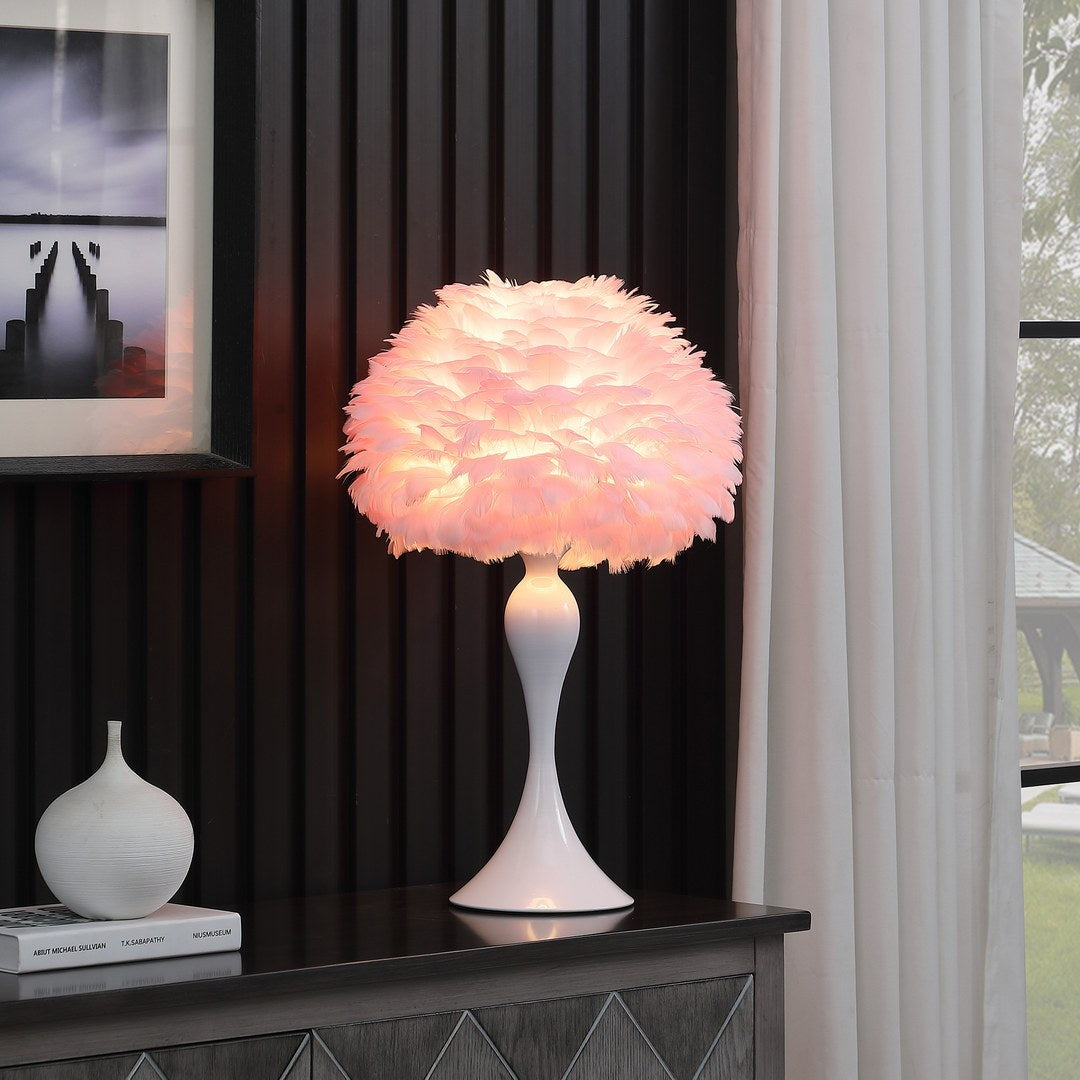 18.25"In Soft Pink Feather Aquina Crisp White Contour Glam Table Lamp Multicolor Metal