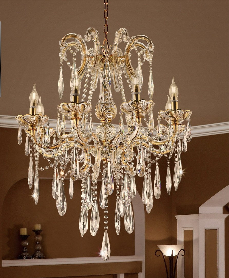 35" Tall" Luminere" 8 Led Light Chandelier With Crystals, Matte Gold And Crystal Multicolor Metal