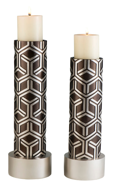 14" And 16" Tall Polyresin Candleholder, Espresso And Silver Finish Set Of 2 Multicolor Polyresin