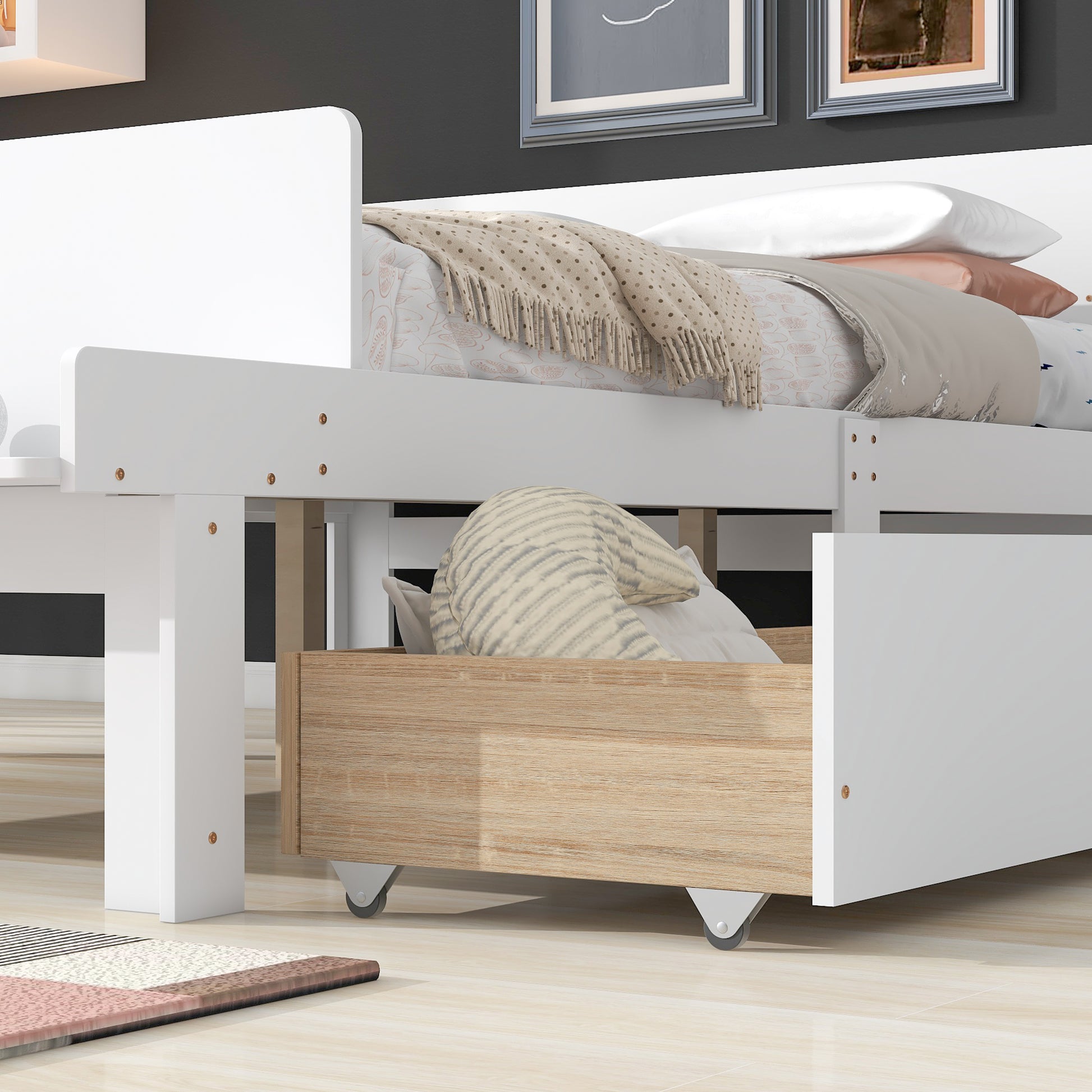 Full Bed With Footboard Bench,2 Drawers,White Full White Wood Bedroom American Design Pine Pine