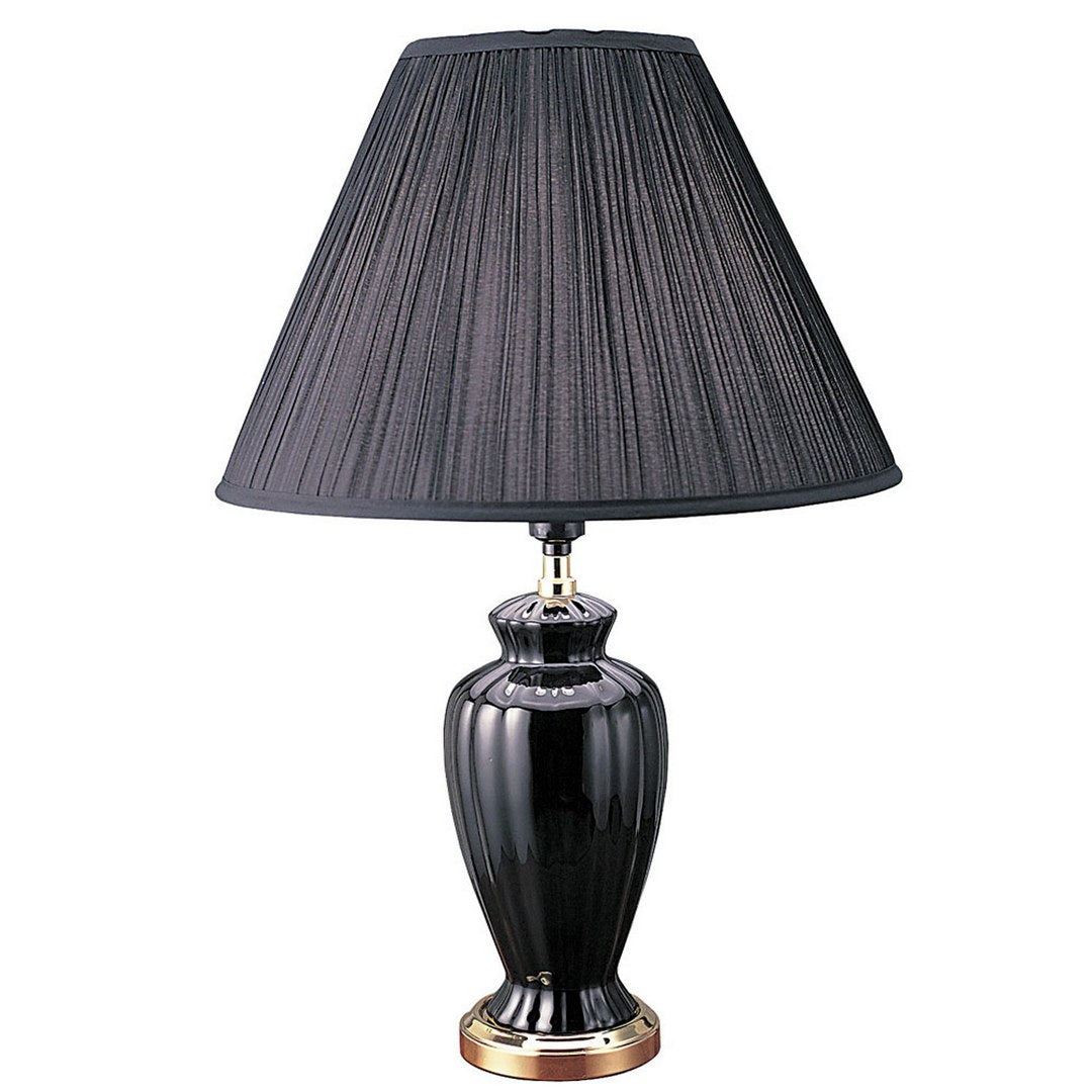 26" Tall Ceramic Table Lamp, Urn Shaped With Black Finish, Linen Shade Black Ceramic