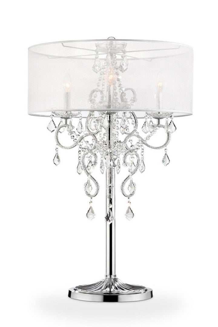 35" Tall Table Lamp "Evangelia", Silver Finish And Crystal Accents, Clear Shade Silver Metal