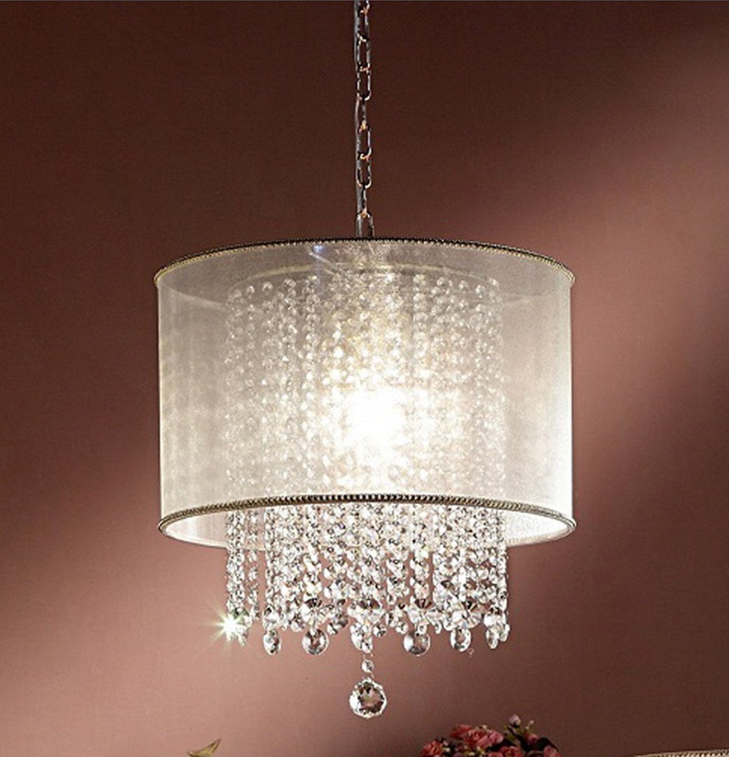 21" Tall Ceiling Lamp "Bhavya" W Gold Finish And Crystal Accents, White Shade Gold Metal