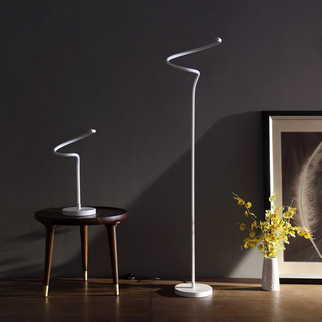 52.5 Inch Led Matte White Curvilinear S Curve Spiral Tube Angled Floor Lamp Matte White Metal