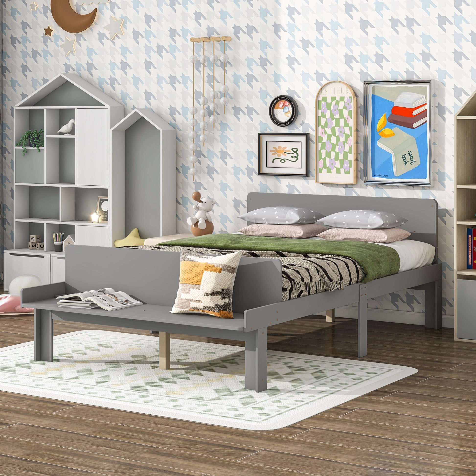 Full Bed With Footboard Bench,Grey Full Grey Wood Bedroom American Design Pine Pine