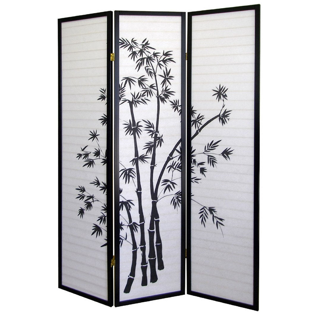 70" Tall 3 Panel Screen Room Divider, Bamboo Design With Black Finish Black Wood