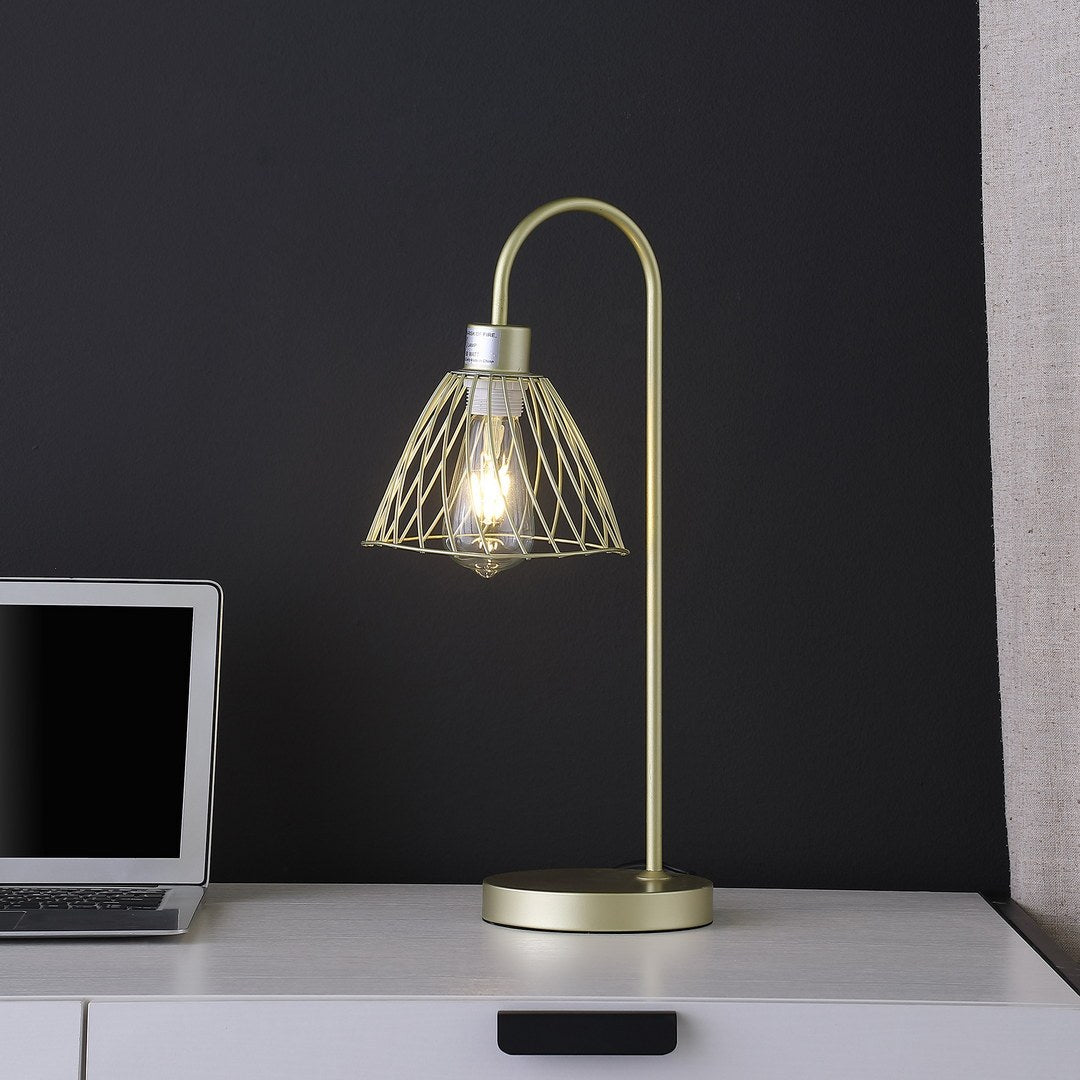 20.5" In Industrial Farm Pendant Cage Satin Matte Gold Metal Table Lamp Gold Metal