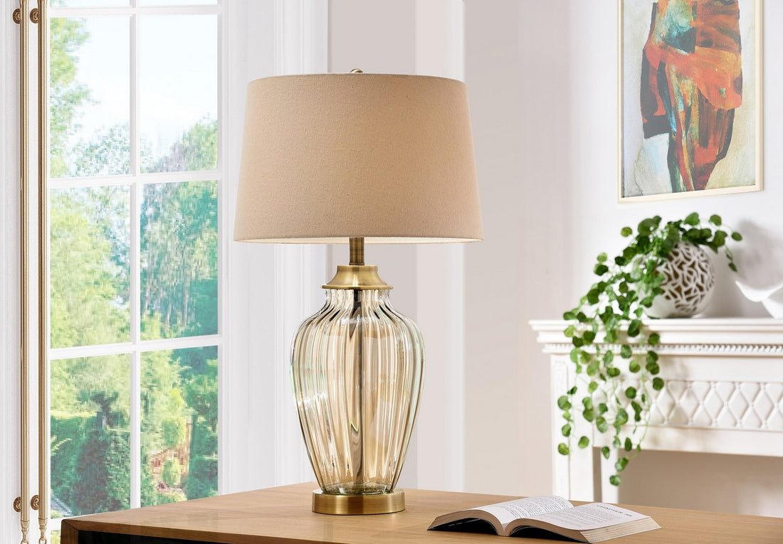 28.5" Tall Glass Table Lamp "Golden Gaze" With Antique Bronze Finish, Linen Shade Champagne Glass