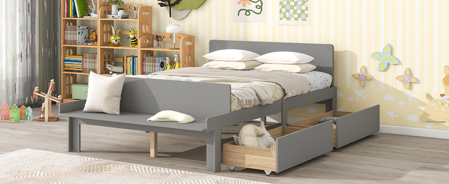 Full Bed With Footboard Bench,2 Drawers,Grey Full Grey Wood Bedroom American Design Pine Pine